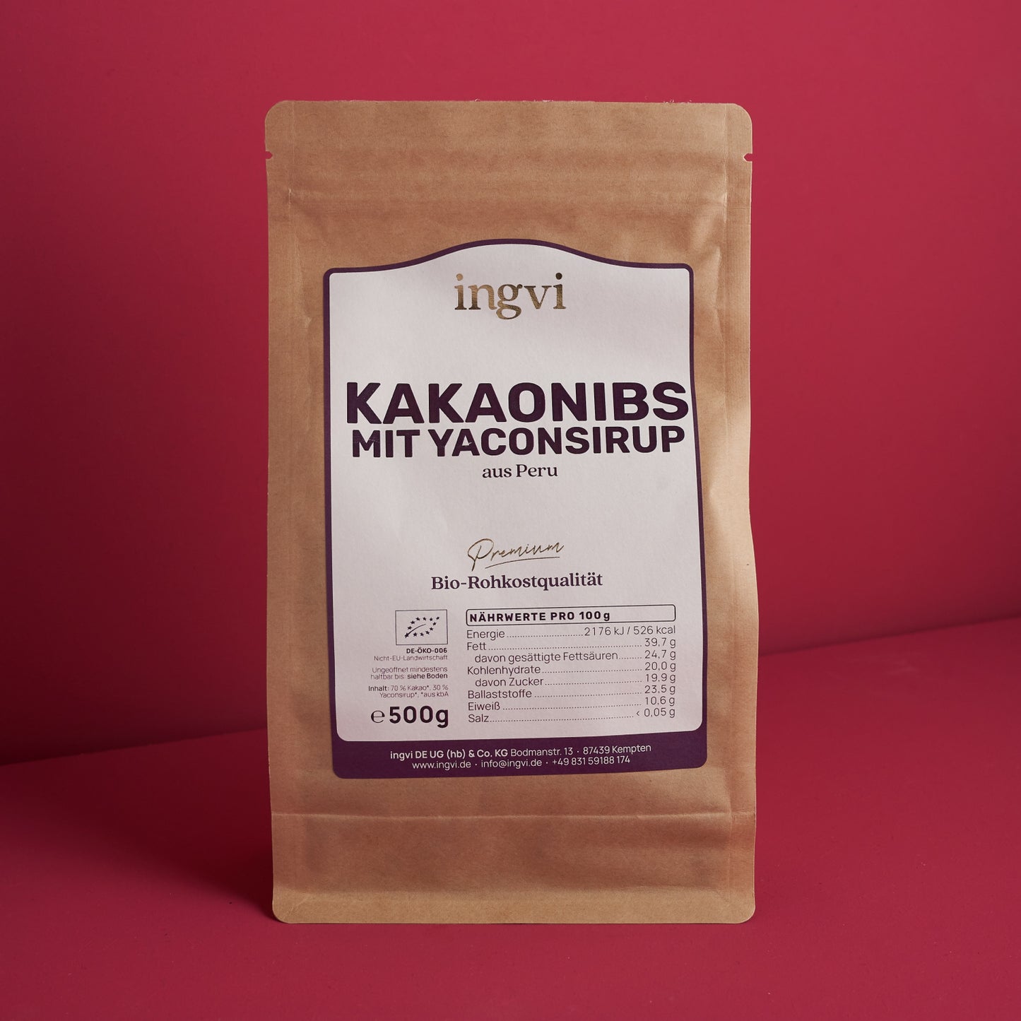 ingvi-kakaonibs-criollo-mit-yaconsirup-rohkostqualitaet-bio-500g - kostbar